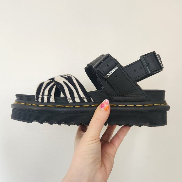 Dr. Martens Voss II Hydro Leather Sandals -  Zebra Hair On and Black Athena - Picture 3 of 13